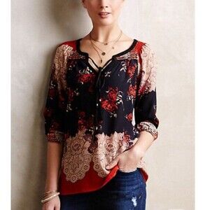 Anthropologie Meadow Rue Womens Black Orange Blouse Floral Split Neck Silk Sz XS